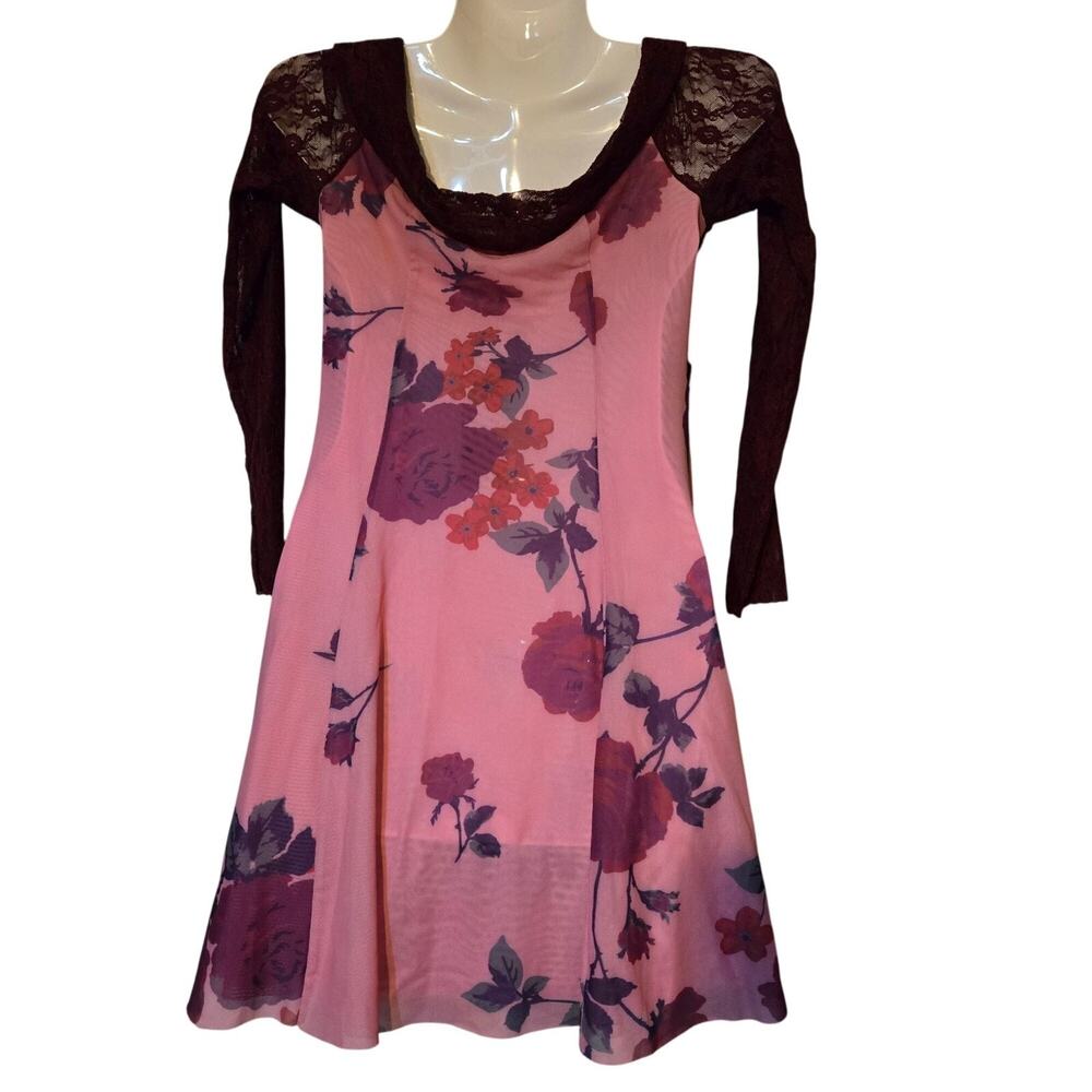 Kimchi Blue Women's M‎ Babydoll Dress Pink Floral Lace Long Sleeve Y2K Aesthetic - Picture 6 of 16